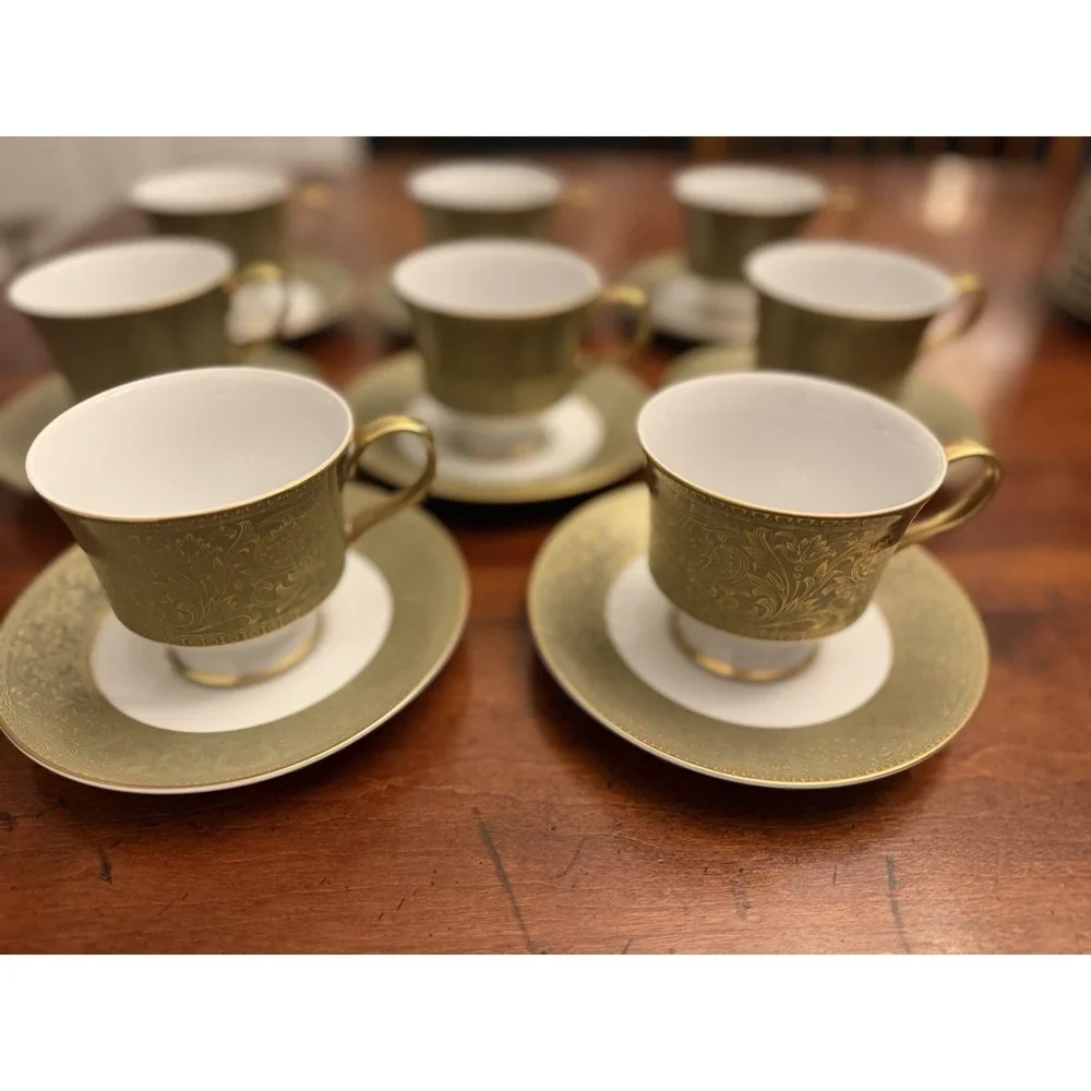 Set of 8 Sango Versailles 3632 Teacups and Saucers Vintage‎ Green Gold Japan